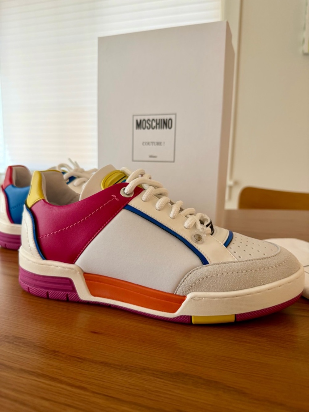 Moschino White Sneakers with Pink, Blue, Orange & Yellow Accents